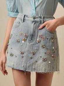 Anewsta Chân váy bút chì đính đá túi thời trang hiện đại thanh lịch dành cho nữ màu xanh - Rửa nhẹ - Xem 7