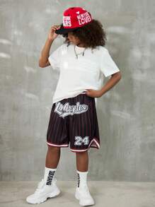 Coolane Shorts de malla con cordón en la cintura, con rayas y estampado de letras, para adolescentes en primavera/verano