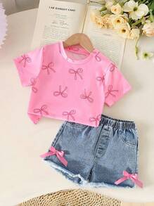 Genkimix Kids 女童休闲甜美圆领蝴蝶印花短袖T恤和松紧腰蝴蝶牛仔短裤套装 - 粉色 - 查看 3
