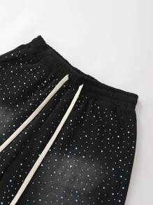 ROMWE MEN Men's Street Life Fashionable Rhinestone Drawstring Loose Shorts - Black - View 3