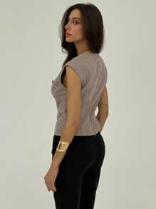 Aloruh Elegant Solid Color Simple Commuter V-Neck Pullover Waist-Cinched Asymmetrical Hem Ruched Decor Short Sleeve Crossover Design Gray Shirt - Brown - View 2