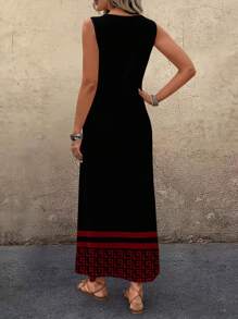 SHEIN LUNE Casual Retro Pattern Round Neck Women Tank Dress, Suitable For Summer - Multicolor - View 2