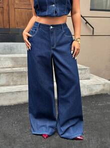 SHEIN ICON 大码女式口袋宽松喇叭休闲百搭牛仔裤 - 深色水洗藍 - 查看 6