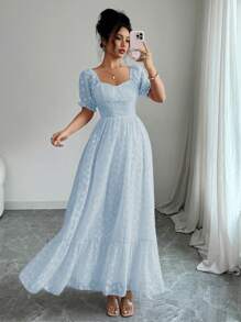 Modelyn Women's Puff Sleeve Jacquard Fabric Design Flared Hem French Elegant Sweet Summer Dress - Blue - View 1