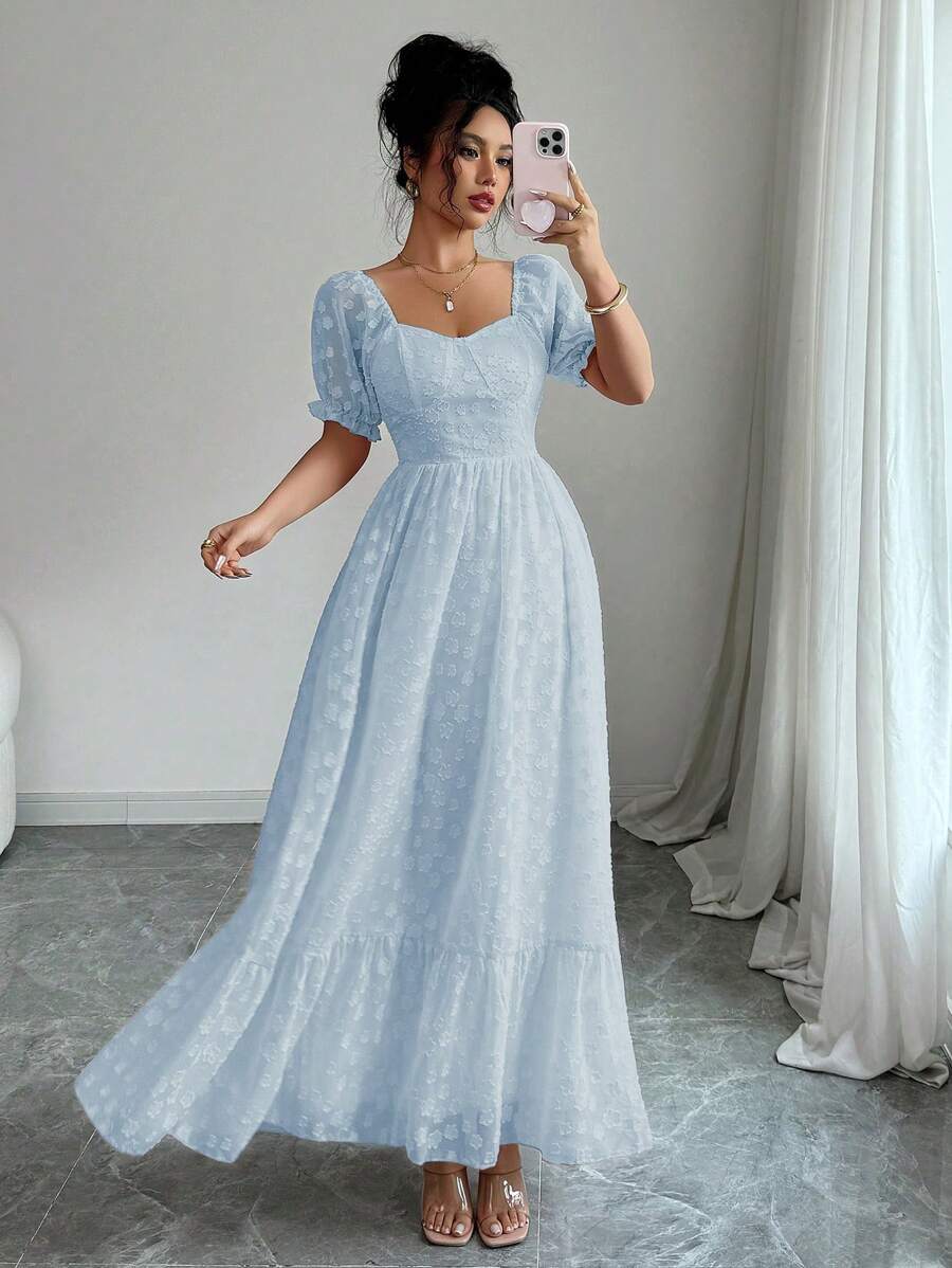 Modelyn Women's Puff Sleeve Jacquard Fabric Design Flared Hem French Elegant Sweet Summer Dress - Blue - View 1