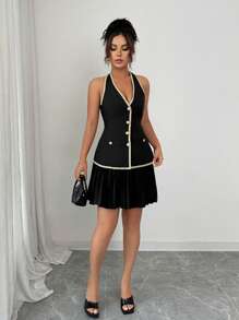SHEIN Unity Set 2 Potong Rok Lipit Tanpa Lengan Motif Bunga Renda Elegan untuk Sehari-hari, Warna Hitam - Hitam - View 6