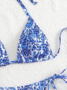 Swim Vcay 2pcs Women's Summer Beach Vacation Ruched Flower Print Halter Tie Bikini Set - Multicolor - View 3