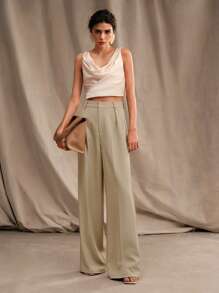 Anewsta 女式纯色褶皱梅拉德直筒高腰长裤