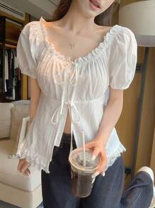 DAZY Women's Lace Patchwork Textured Bowknot Short Sleeve Shirt,Babydoll Top
