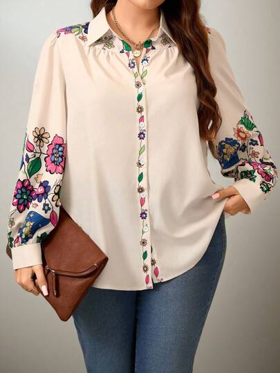 Flouryn Plus Size Front Button Floral Print Long Sleeve Casual Shirt Fall Cloth For Women