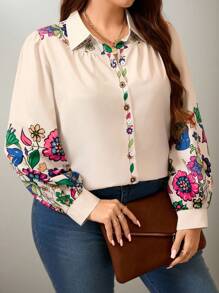 Flouryn Áo sơ mi tay dài in hoa cài nút phía trước cỡ lớn thường ngày - Nhiều màu - Xem 6