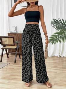 EMERY ROSE Leopard Print Paper Bag Waist Casual Wide Leg Pants Fall Cloth For Women - Grey - View 5