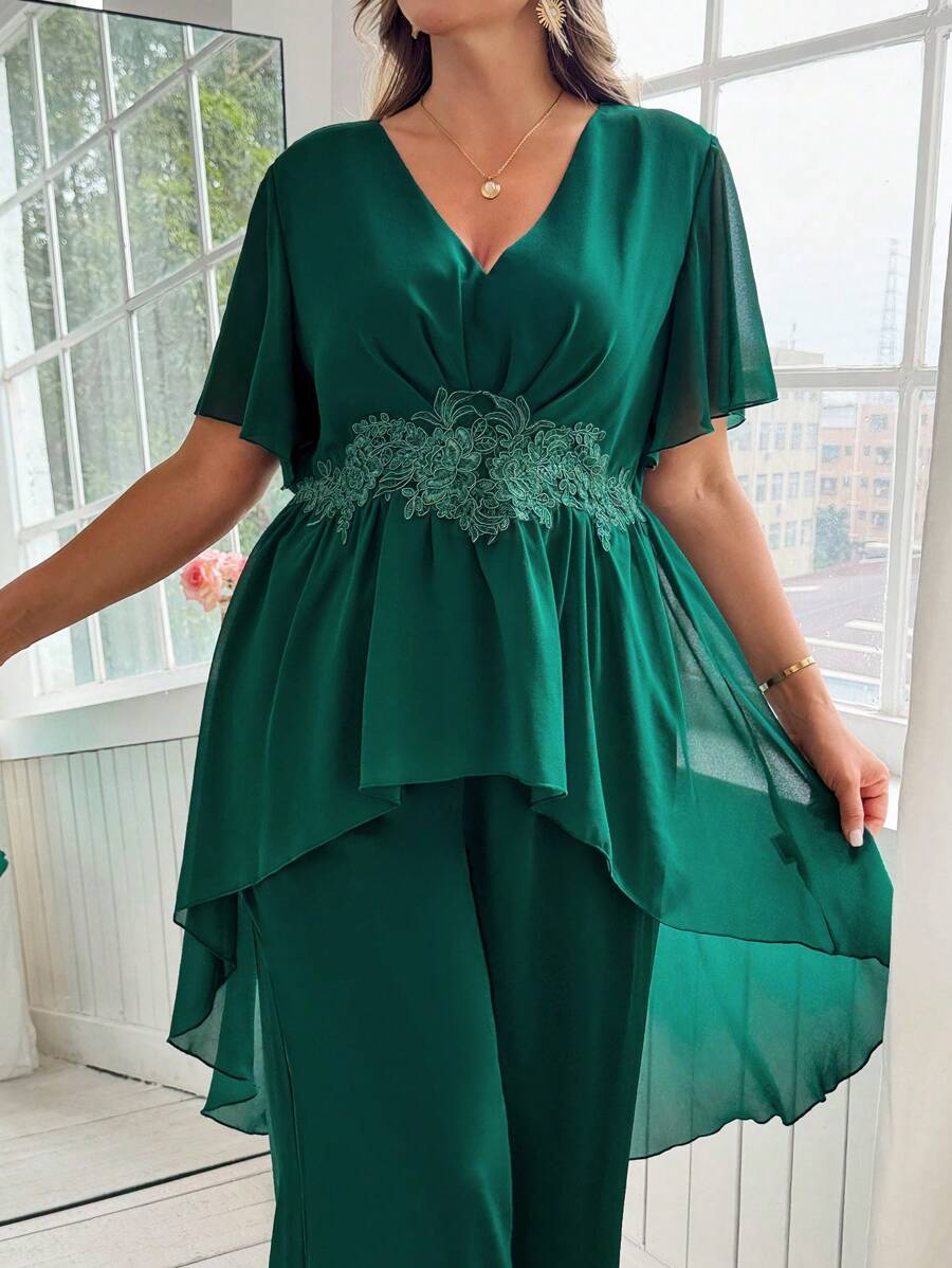 SHEIN Clasi Plus Size Elegant Floral Embroidered Shirt And Pants 2 Pieces Set, Summer - Dark Green - View 1