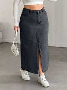 SHEIN Cottnline Plus High Waist Front Slit Denim Skirt - Light Grey - View 3