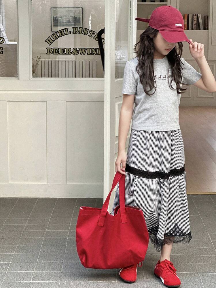Tween Girls 2pcs/Set Graphic T-Shirt And Plaid Mini Skirt Outfit,Girls Summer Outfits,Back To School Clothes