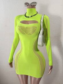 BamGleam Sexy Neon Green Hollow-Out Bodycon Mini Dress - Green - View 3