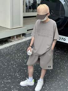 Bộ 2 chiếc/Bộ áo phông tay ngắn cổ tròn in chữ 3D thường ngày cho bé trai tuổi teen, thích hợp mặc khi đi làm, đi học, mặc thường ngày, thể thao, mùa xuân và mùa hè - Xám - Xem 7