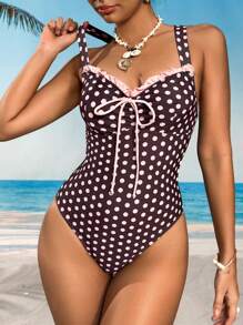 Swim Mod Traje de baño de una pieza con volantes y estampado de lunares lindos para mujeres - Multicolor - Ver 3