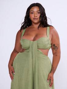 MUSERA 加大码胸部褶皱镂空侧边飘逸长款连衣裙，春夏优雅高贵度假休闲可爱浪漫罩衫派对泳装复活节 - 軍綠色 - 查看 5