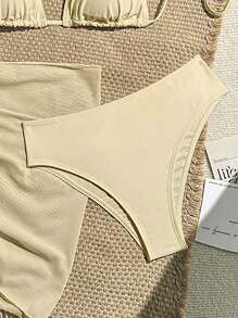 Swim Vcay 三件套纯色沙滩装，印花图案随机，夏日海滩度假 - 杏色 - 查看 4