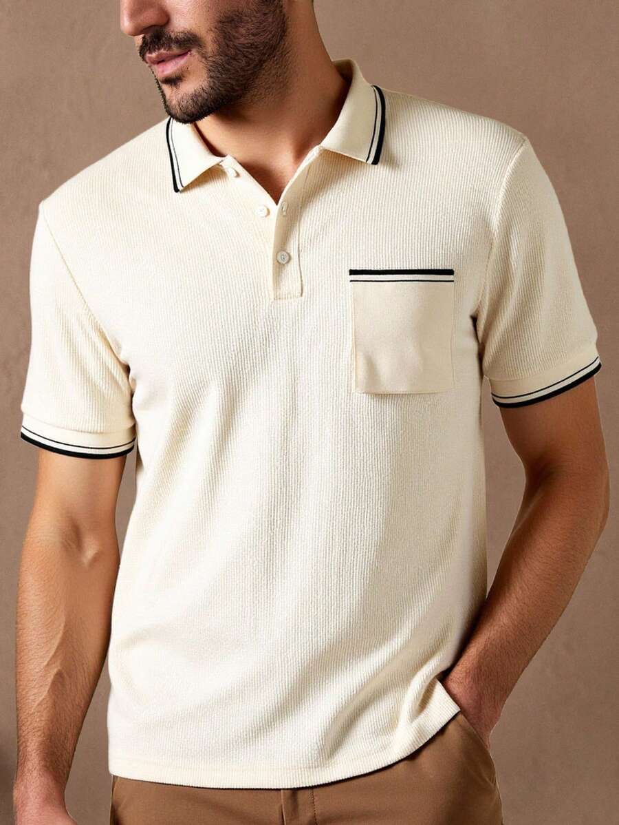Manfinity VCAY 男士休闲针织条纹平领短袖Polo衫 - 杏色 - 查看 1