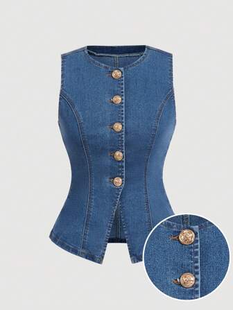 SHEIN Girlism Elegante mouwloze denim top voor tienermeisjes met gouden knoopdetails, zakelijke casual meisjes, zomerse strand-boho-vakantieshorts voor meisjes, casual rave-outfits voor zomerconcerten en festivals, zomerse brunch- en afstudeeroutfits voor meisjes, streetwear, outfits voor het begin van het schooljaar