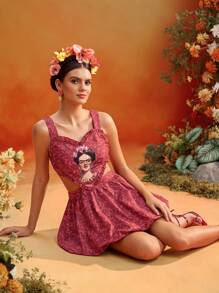 Frida Kahlo X SHEIN X Designer TIYA Summer Floral Printed Sweetheart Smocking Back Balloon Bubbled Hem Dress Women Vacation Outfits