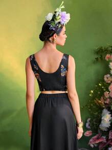 KATHARSIS Frida Kahlo X SHEIN X Designer Butterfly Printed Woven Crop Top With Smocking Back Women Summer - Black - View 2