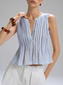 LYSMO Nuevo Llegado 2025 Mujer Blusa sin mangas de lino con volante en la cintura, Estilo casual simple, Vacaciones - Azul - Ver 1