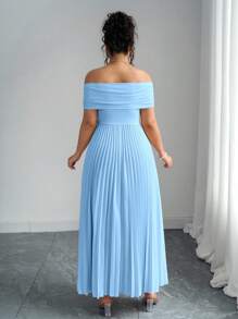 SHEIN PETITE 褶皱露肩设计加大码连衣裙，露肩生日礼服夏季女士服装优雅正式婚礼宾客礼服 - 藍色 - 查看 2