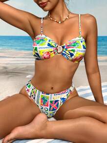 Swim Vcay Conjunto de bikini tipo bandeau con estampado oceánico bohemio para el verano - Multicolor - Ver 4