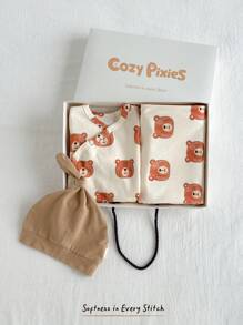 Cozy Pixies 5件套新生儿礼盒套装，包括连体衣、裤子、手套、帽子、毯子 - 卡其色 - 查看 1