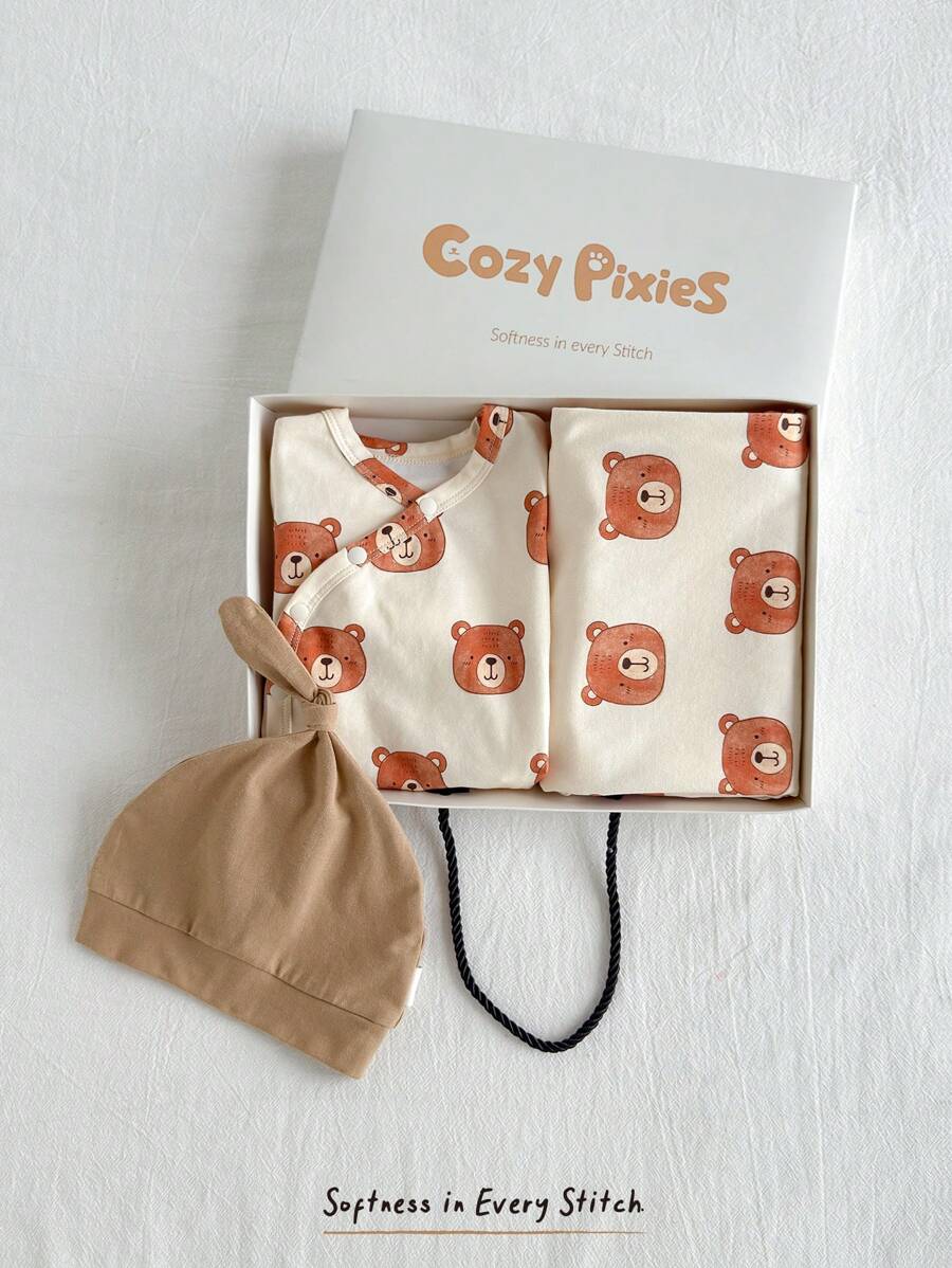 Cozy Pixies 5件套新生儿礼盒套装，包括连体衣、裤子、手套、帽子、毯子 - 卡其色 - 查看 1