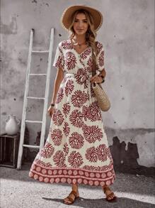 EMERY ROSE Women's Allover Print Vacation Casual Dress - Red - View 7