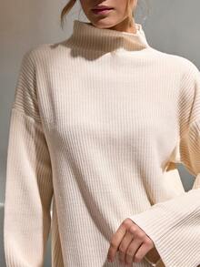 EURMUSE Áo len dệt kim xẻ tà cổ tròn tay loe có gân thanh lịch dành cho nữ phong cách sang trọng - Màu be - Xem 7