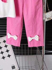 SHEIN Conjunto de 2 piezas para niñas: Camiseta de manga corta de unicolor y pantalones vaqueros estampados con mariposas y decoración de moño 3D, lindo y casual para verano, al aire libre y vacaciones para adolescentes