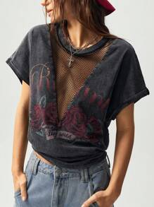 Bohemela 大码女式字母和花卉印花拼布镂空设计蝙蝠袖 T 恤，夏季 - 深灰色 - 查看 1