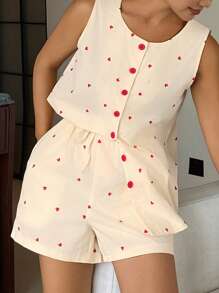 DAZY Set de pijama para mujer con top sin mangas de color contrastante con estampado de corazón + shorts - Beis - Ver 5