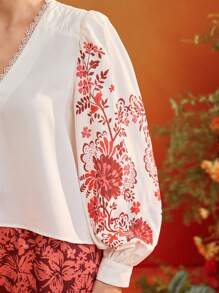 Frida Kahlo X SHEIN X Designer Oxana Placement Floral Print V Neck Flowy Puffy Long Sleeves Blouse Top Women Summer Vacation