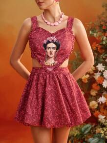 Frida Kahlo X SHEIN X Designer TIYA Summer Floral Printed Sweetheart Smocking Back Balloon Bubbled Hem Dress Women Vacation Outfits