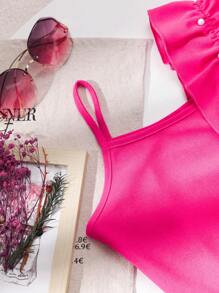 Tween Girls Summer Casual Holiday 2pcs Set: Solid Pearl Trim Cami Top & Denim Print Shorts Young Girls Sets Summer - Hot Pink - View 5