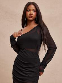 NYA SZN Robe à manches longues asymétrique avec épaules dénudées, en maille, pour occasions spéciales et événements. Robe midi sexy pour événements et rendez-vous pour femmes - Noir - Voir 4