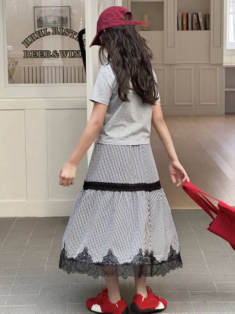 Tween Girls 2pcs/Set Graphic T-Shirt And Plaid Mini Skirt Outfit,Girls Summer Outfits,Back To School Clothes