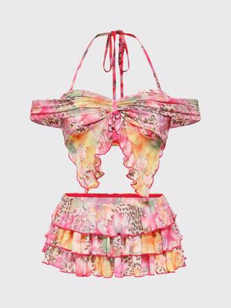 ROMWE Avant 2pcs/Set Y2K Holiday Beachside Hot Girl Leopard & Floral Print Coverup Set For Women