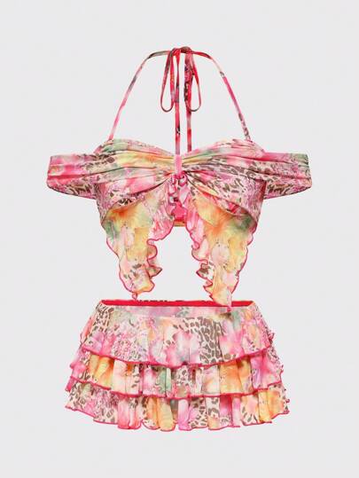 ROMWE Avant 2 Stücke/Set Y2K Urlaubs Strandoutfit Heißes Mädchen Leoprint & Blumenmuster Überwurf Set für Frauen