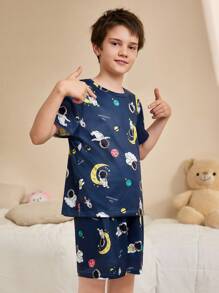 SHEIN 宇航员数码印花男童睡衣套装