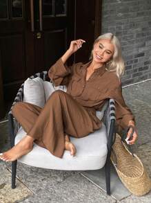 Livesso Combinaison ample d'été pour femme avec col, poches et taille cropped