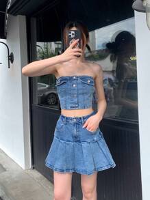SHEIN ICON Women Casual Street Chic Flap Detail Single-Breasted Cropped Tube Top And Pleated Denim Skirt 2-Piece Set, Summer - Blue - View 6