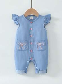SHEIN 女婴可爱刺绣蝴蝶结口袋连体衣，春夏款