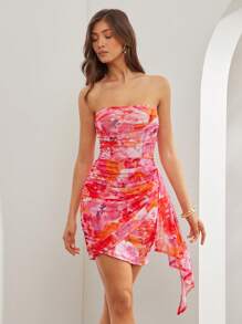 L'Amorae Vestido de verano mini con estampado floral, cuello de corpiño y fajín, para mujer - Multicolor - Ver 3